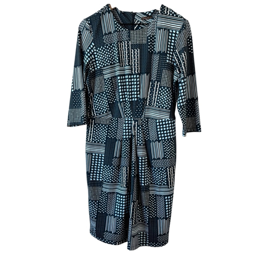 J. McLaughlin Dress Large Blue White Maze Catalina Cloth 3/4 Sleeve Wrinkle Free